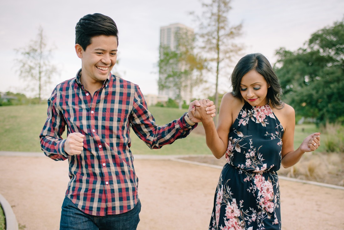 Engagement session at Hermann Park Centennial Gardens Houston Skyline Bayou Park