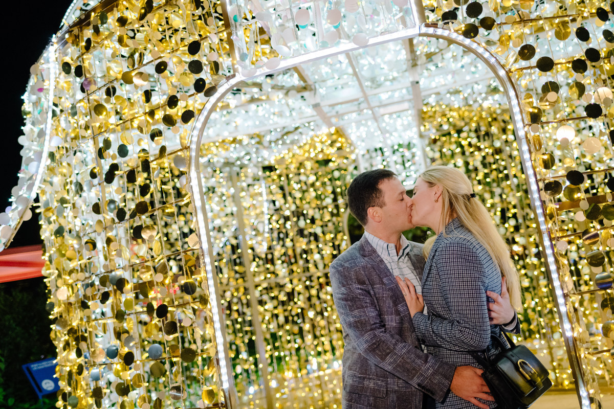 Post houston HTX garden rooftop proposal session during christmas with night houston skyline background