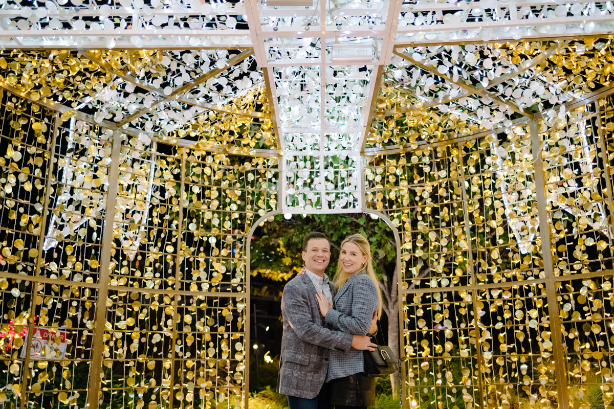 Post houston HTX garden rooftop proposal session during christmas with night houston skyline background